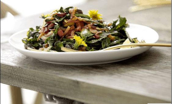 Dandelion Green Salad with Pancetta and Pistachios